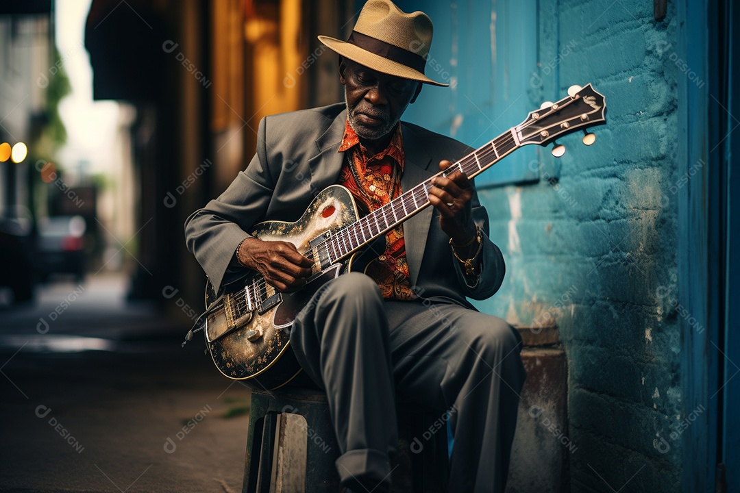 Músico de jazz negro em Nova Orleans apresentando melodias emocionantes