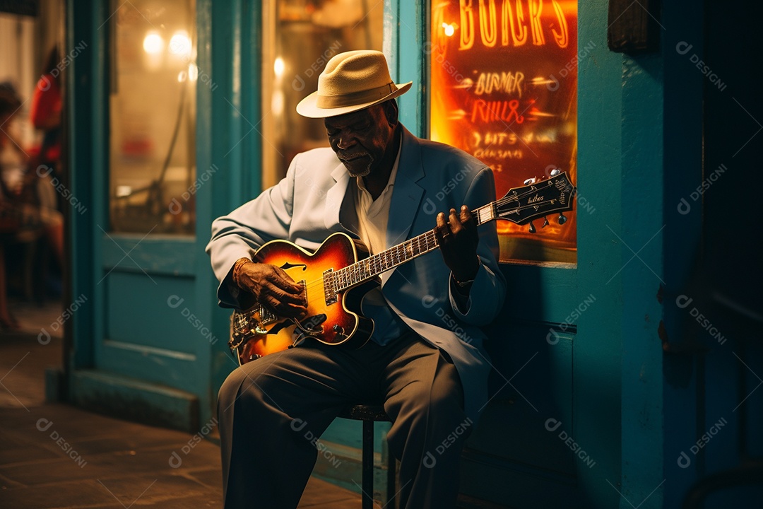 Músico de jazz negro em Nova Orleans apresentando melodias emocionantes