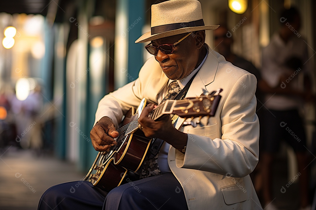 Músico de jazz negro em Nova Orleans apresentando melodias emocionantes