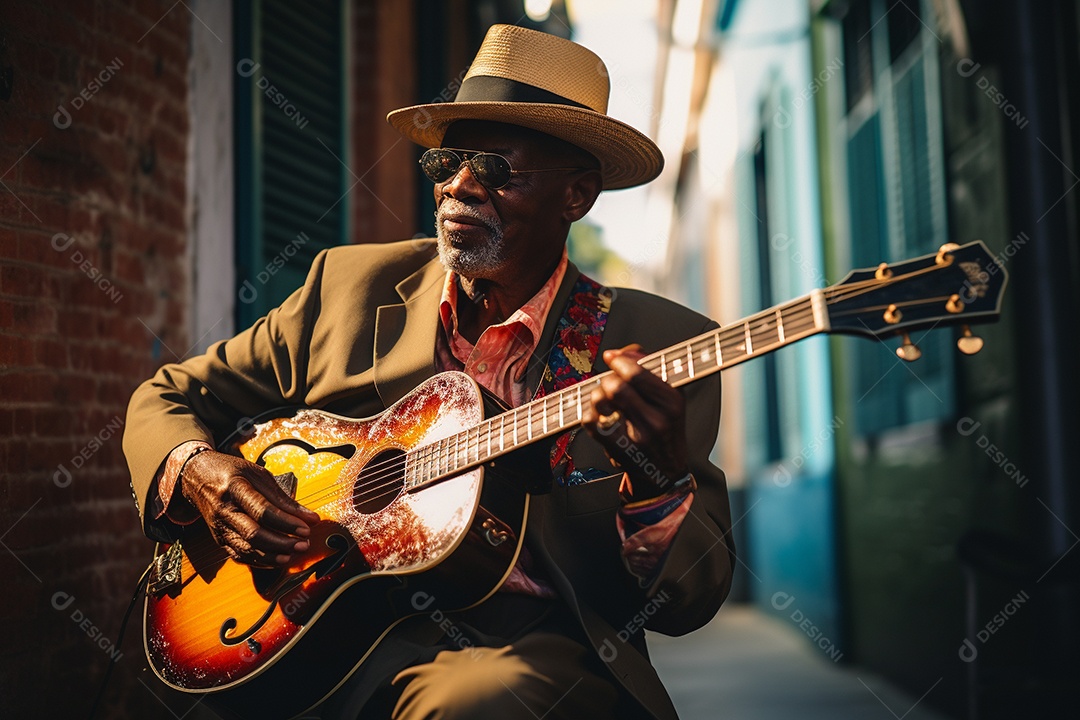Músico de jazz negro em Nova Orleans apresentando melodias emocionantes