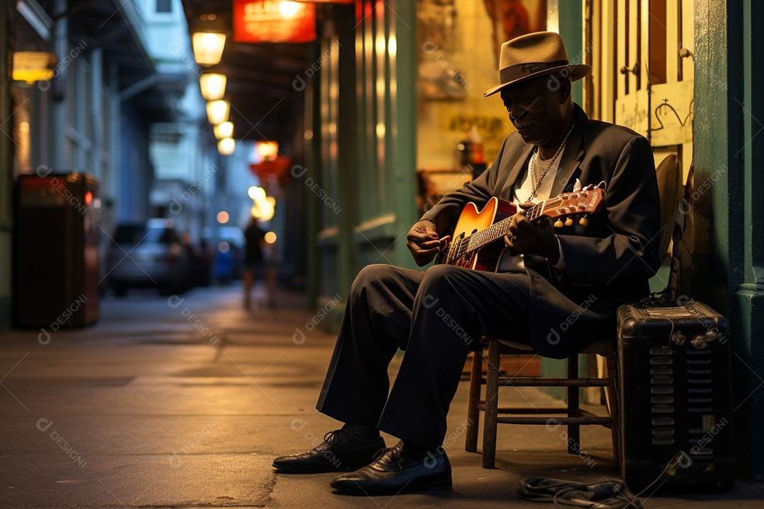 Músico de jazz negro em Nova Orleans apresentando melodias emocionantes