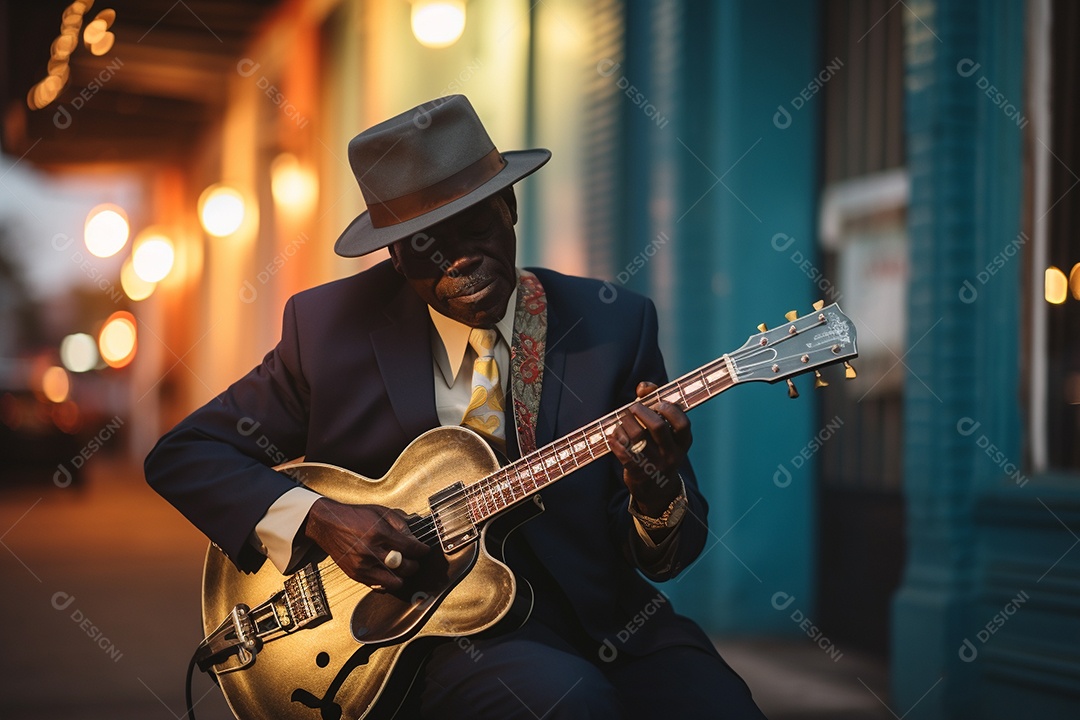 Músico de jazz negro em Nova Orleans apresentando melodias emocionantes