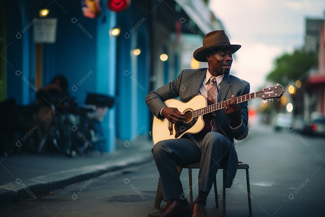 Músico de jazz negro em Nova Orleans apresentando melodias emocionantes