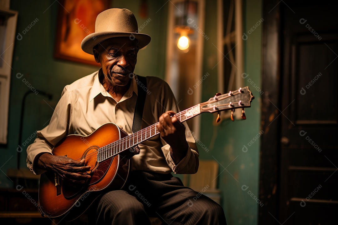Músico de jazz negro em Nova Orleans apresentando melodias emocionantes