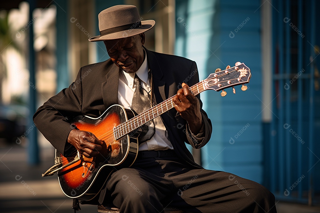 Músico de jazz negro em Nova Orleans apresentando melodias emocionantes