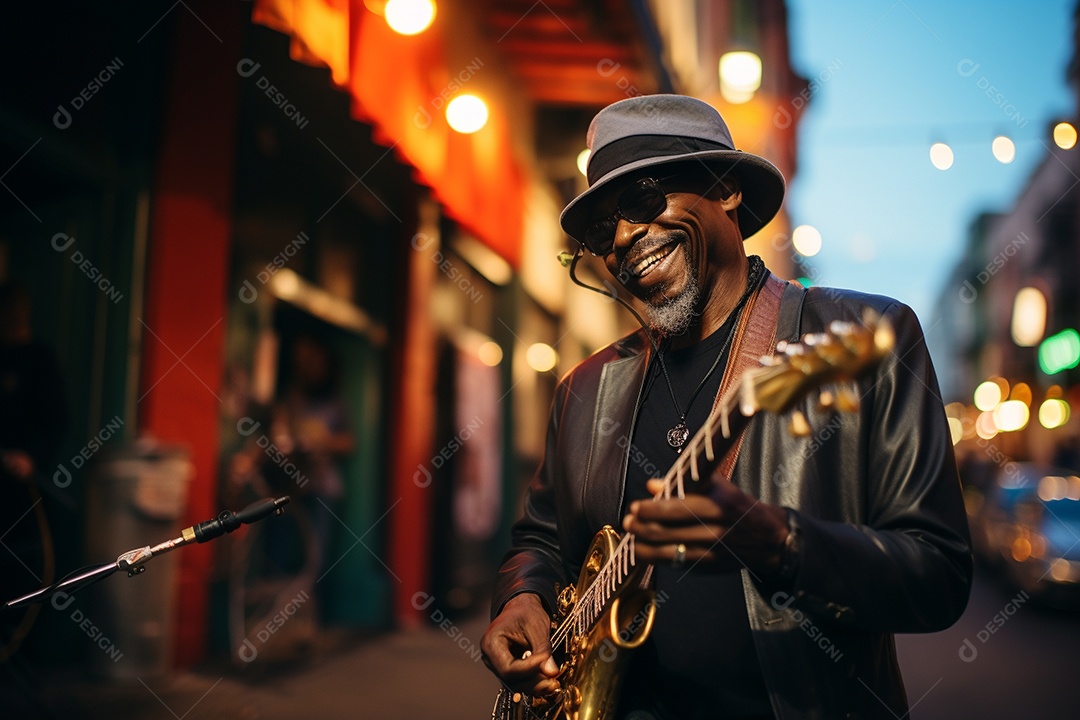Músico de jazz negro em Nova Orleans apresentando melodias emocionantes