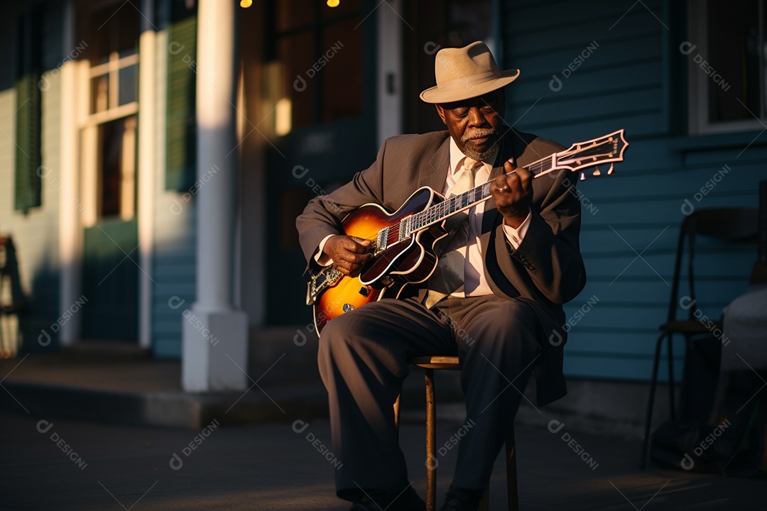 Músico de jazz negro em Nova Orleans apresentando melodias emocionantes