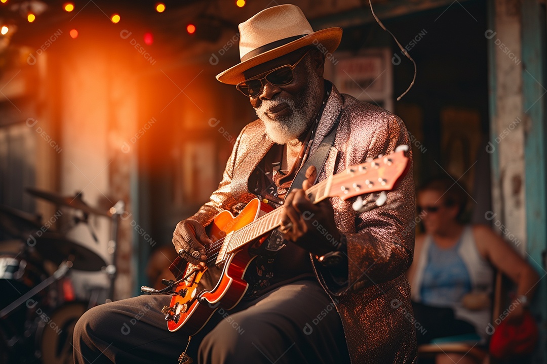 Músico de jazz negro em Nova Orleans apresentando melodias emocionantes