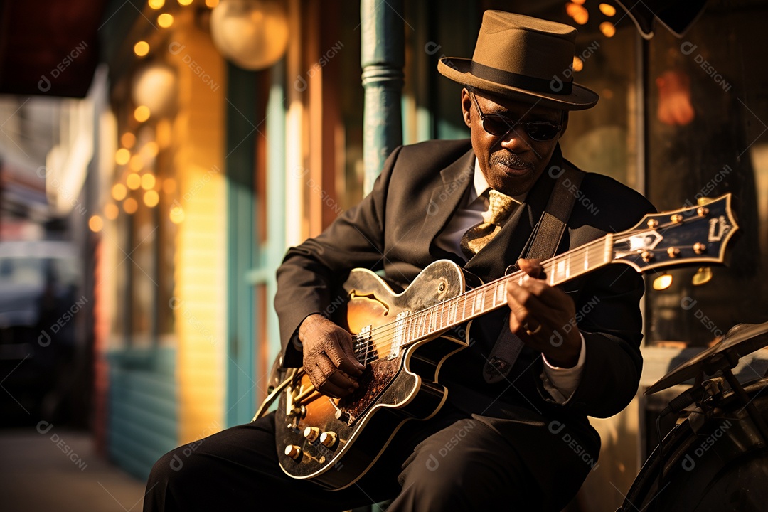 Músico de jazz negro em Nova Orleans apresentando melodias emocionantes