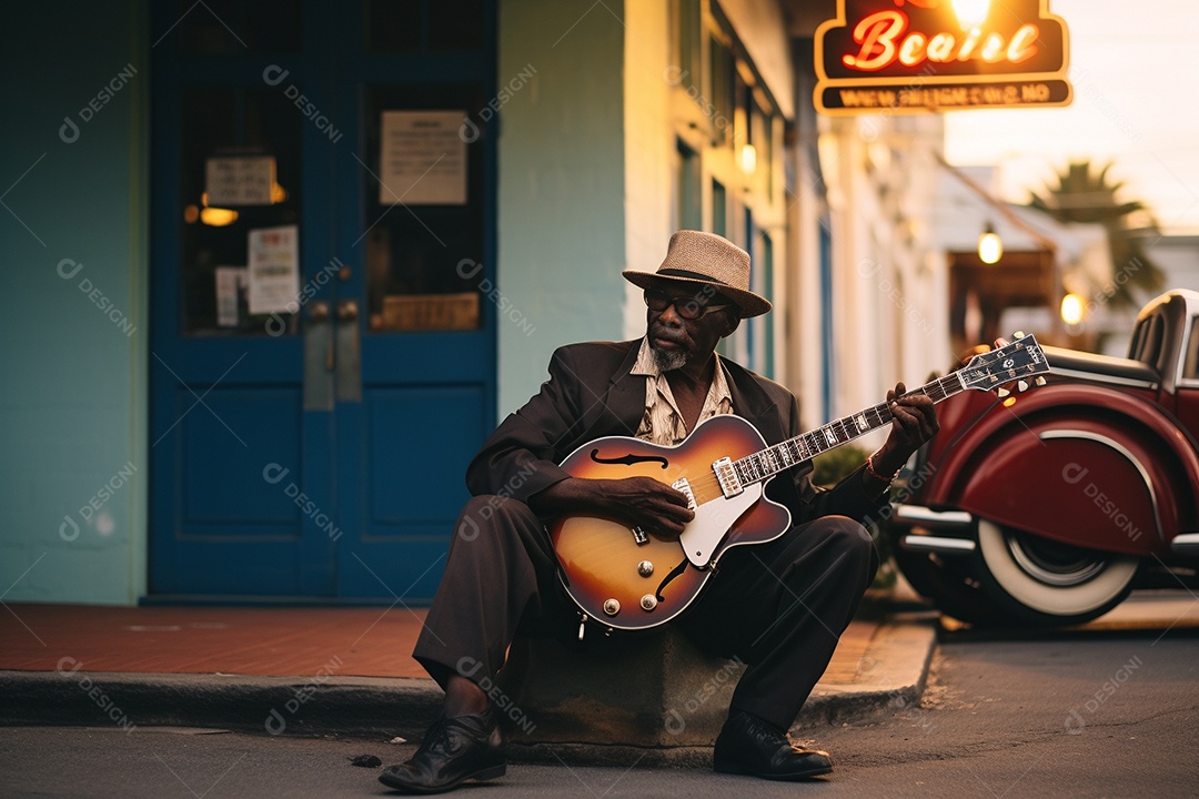 Músico de jazz negro em Nova Orleans apresentando melodias emocionantes