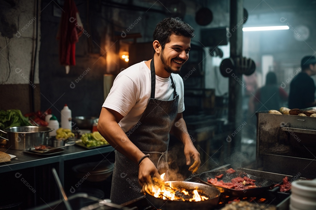 Chefe hispânico na Cidade do México apresentando um programa de culinária