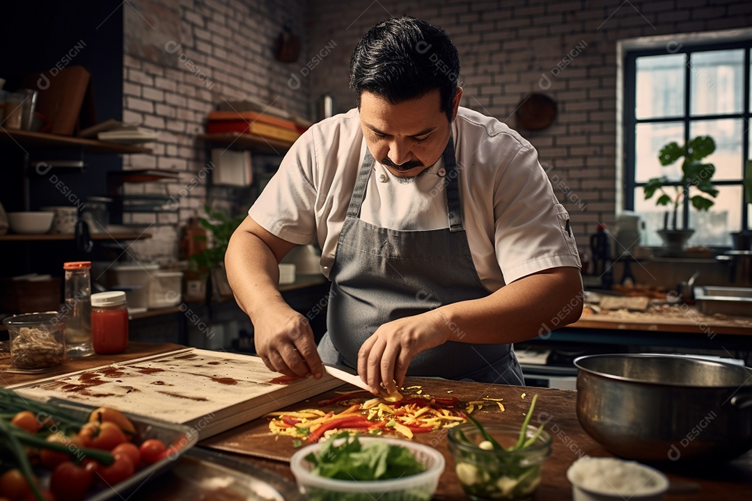 Chefe hispânico na Cidade do México apresentando um programa de culinária