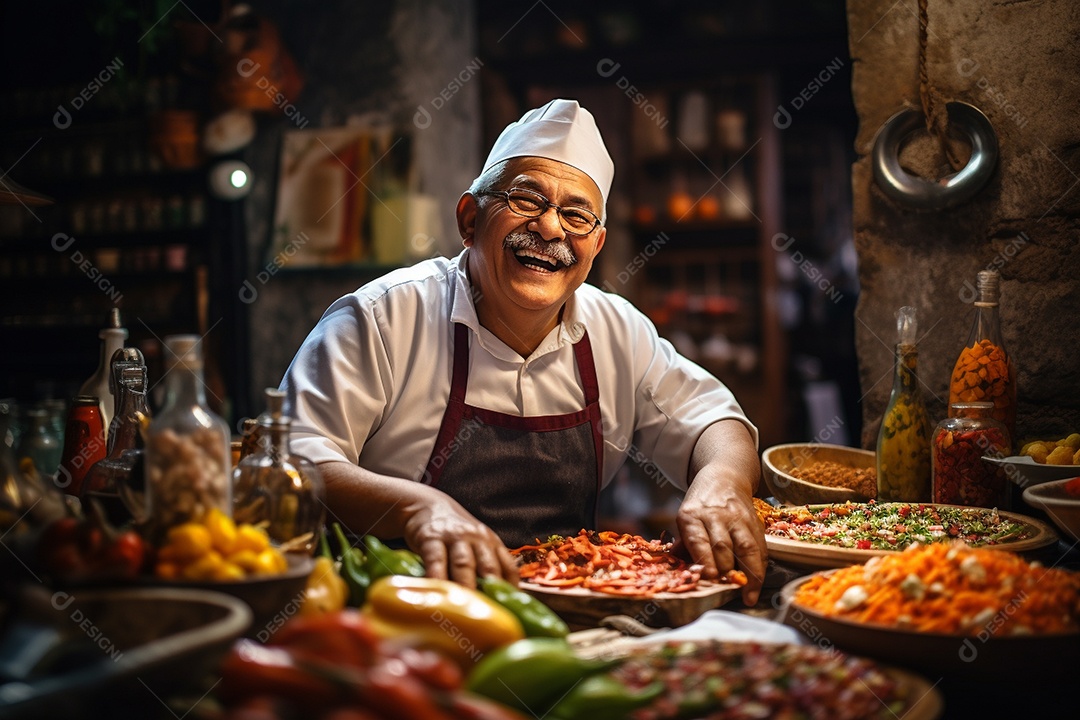 Chefe hispânico na Cidade do México apresentando um programa de culinária