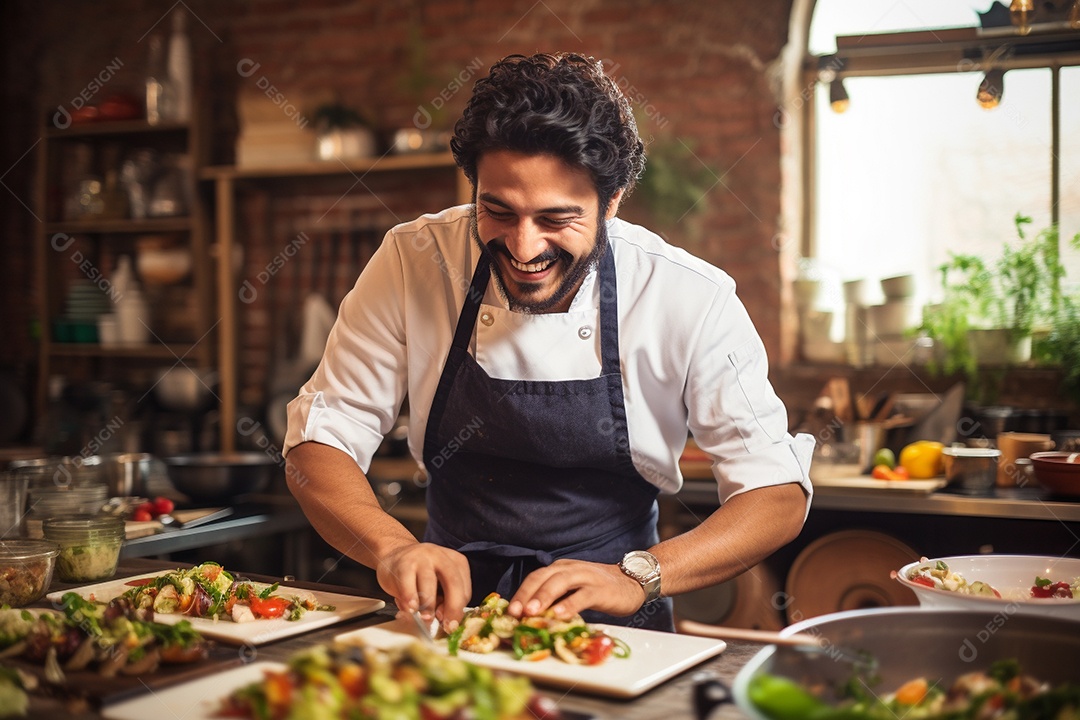 Chefe hispânico na Cidade do México apresentando um programa de culinária
