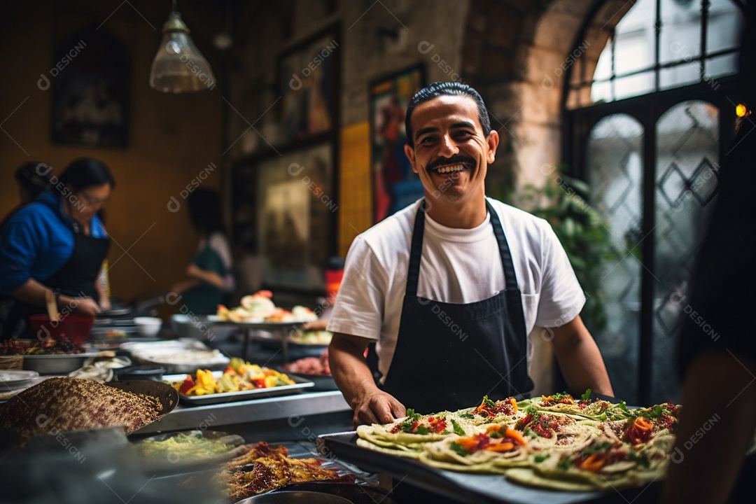 Chefe hispânico na Cidade do México apresentando um programa de culinária