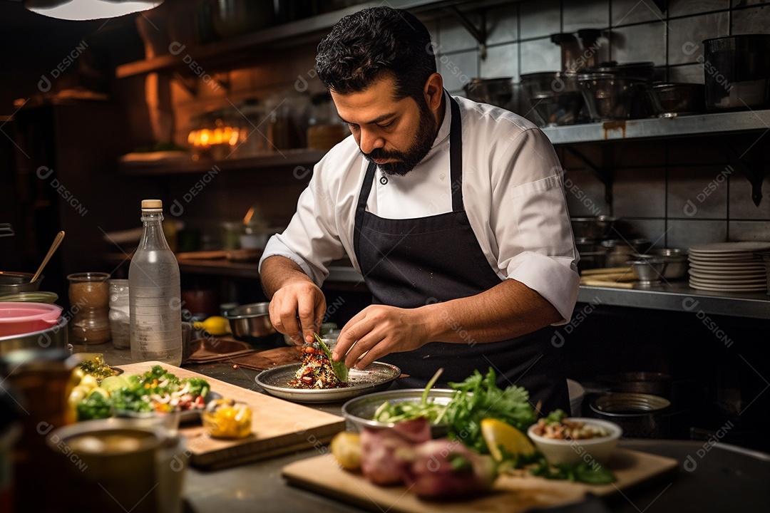 Chefe hispânico na Cidade do México apresentando um programa de culinária