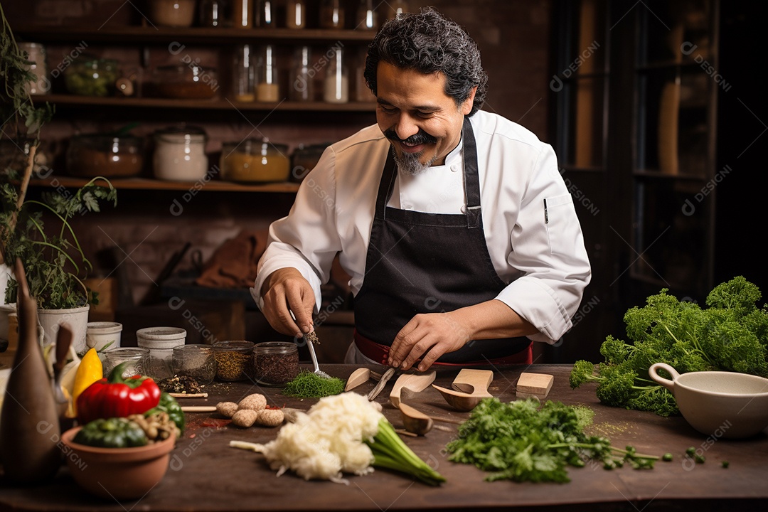 Chefe hispânico na Cidade do México apresentando um programa de culinária