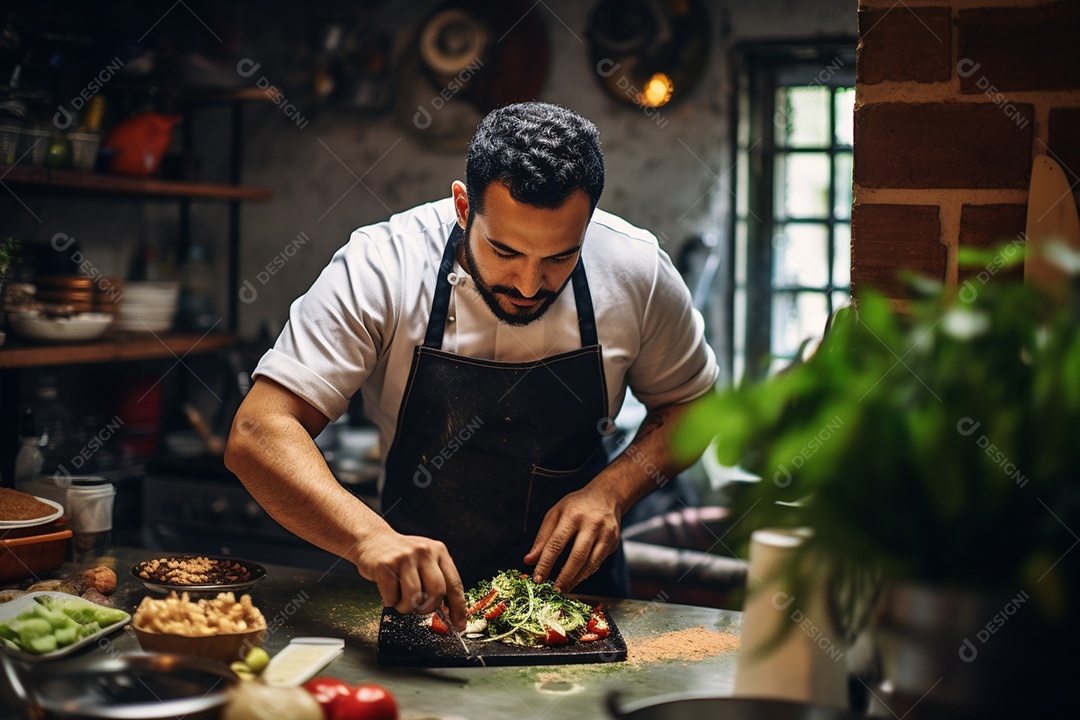 Chefe hispânico na Cidade do México apresentando um programa de culinária