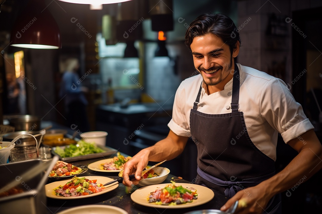 Chefe hispânico na Cidade do México apresentando um programa de culinária