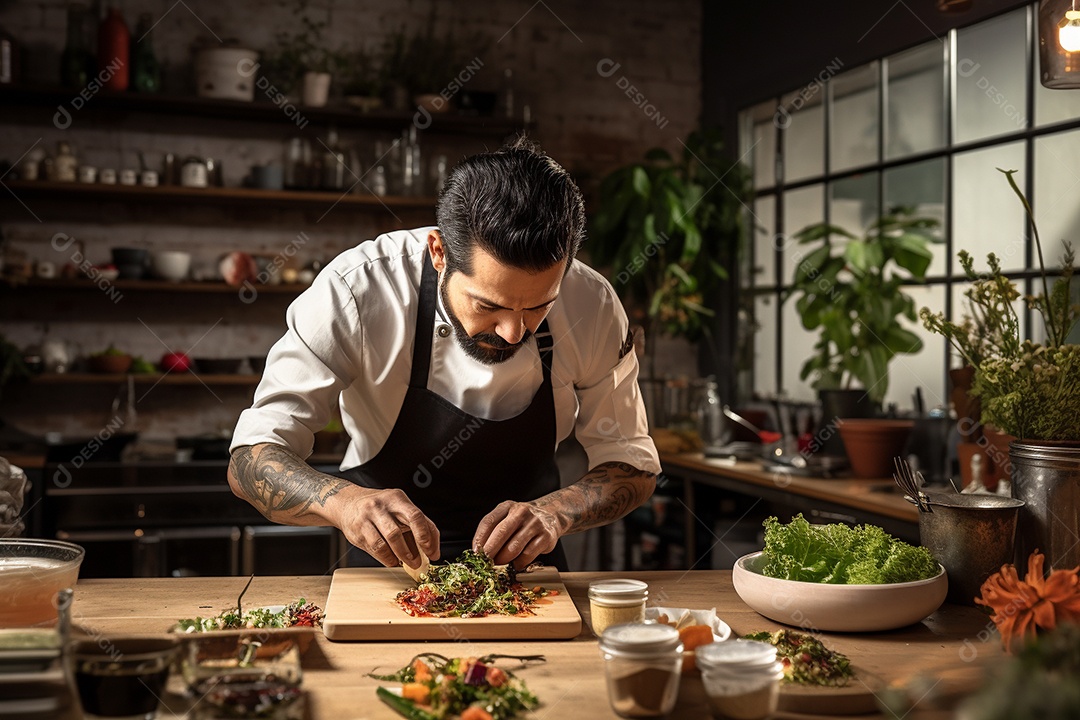 Chefe hispânico na Cidade do México apresentando um programa de culinária