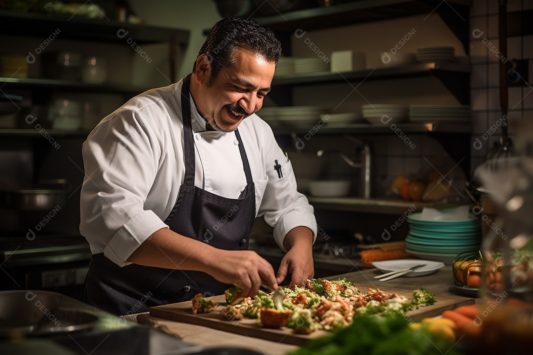 Chefe hispânico na Cidade do México apresentando um programa de culinária