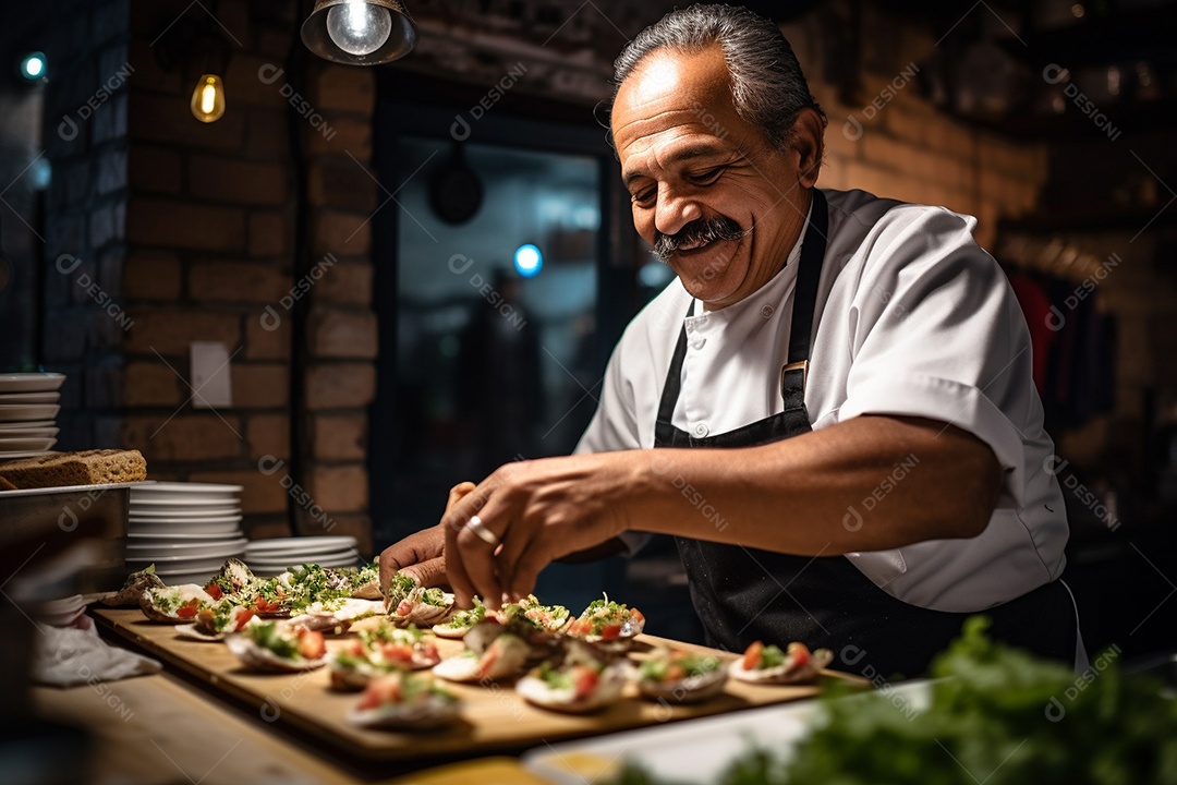 Chefe hispânico na Cidade do México apresentando um programa de culinária