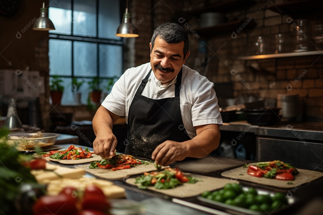 Chefe hispânico na Cidade do México apresentando um programa de culinária