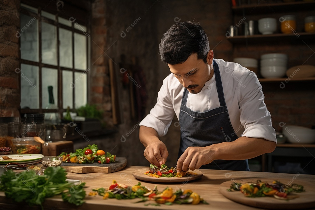 Chefe hispânico na Cidade do México apresentando um programa de culinária