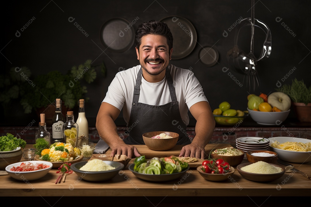 Chefe hispânico na Cidade do México apresentando um programa de culinária