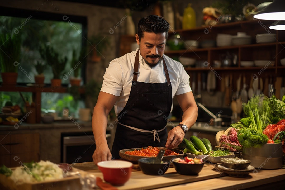 Chefe hispânico na Cidade do México apresentando um programa de culinária