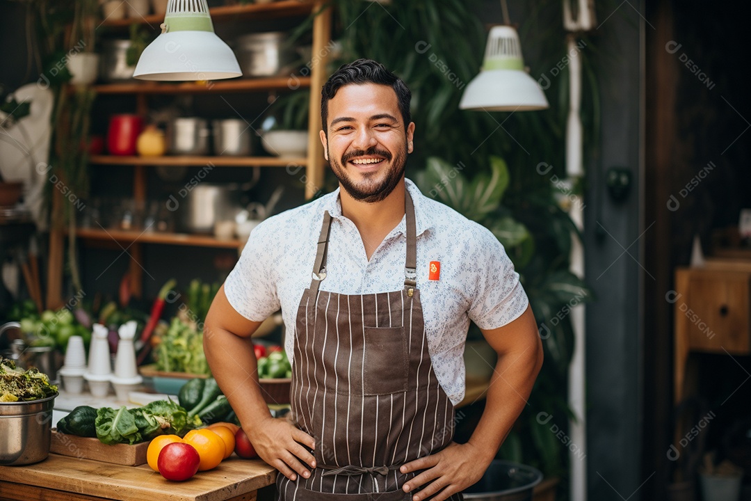 Chefe hispânico na Cidade do México apresentando um programa de culinária