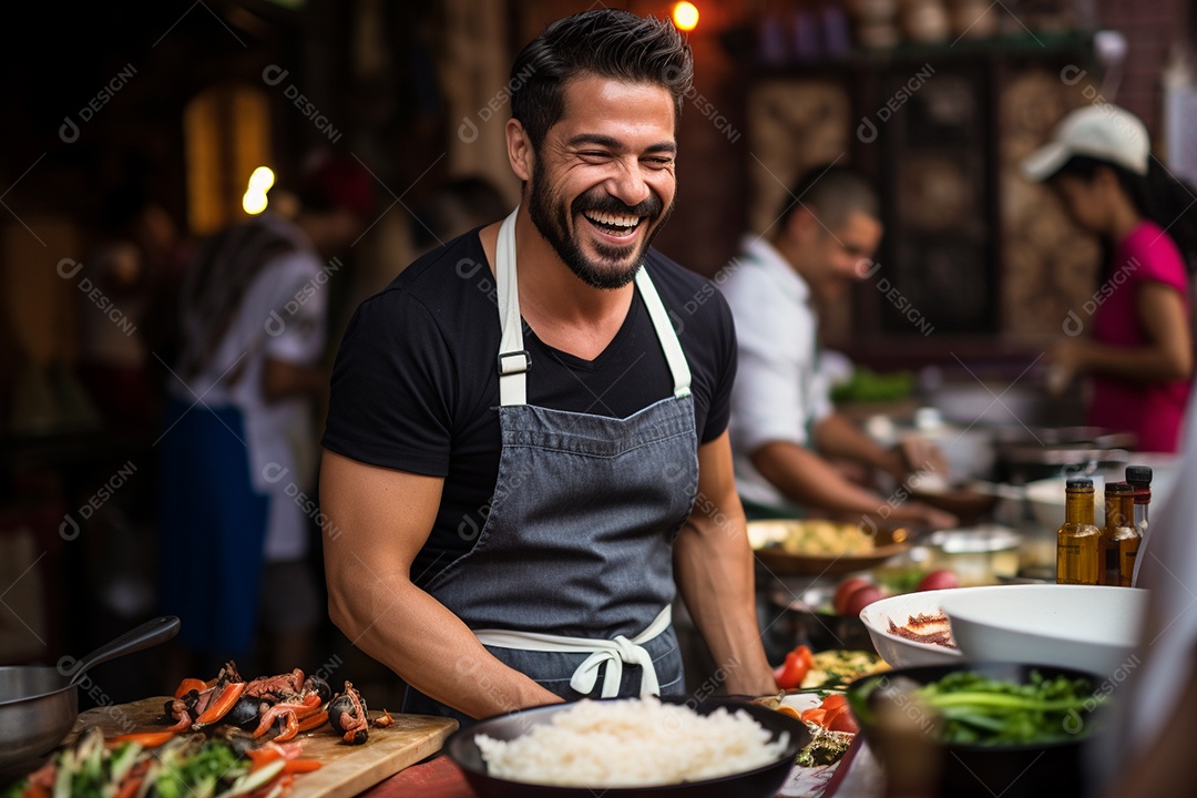 Chefe hispânico na Cidade do México apresentando um programa de culinária