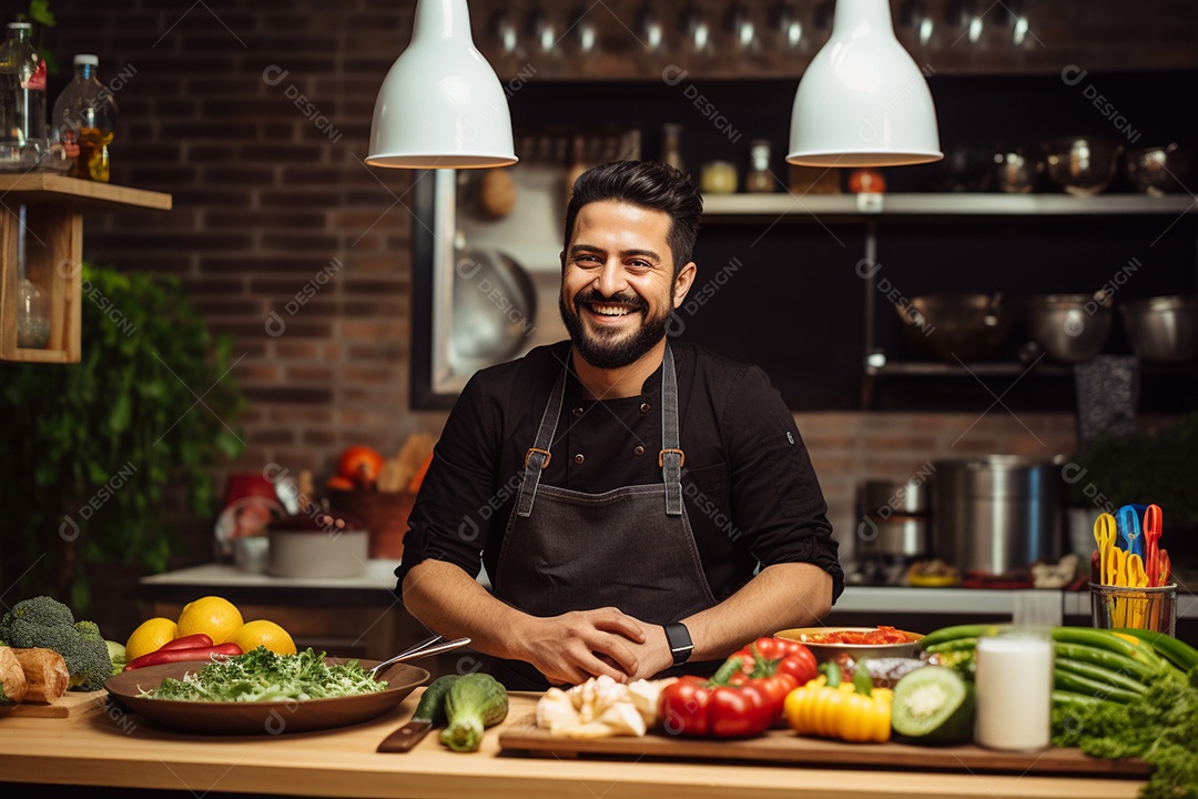 Chefe hispânico na Cidade do México apresentando um programa de culinária