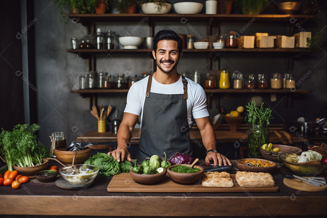 Chefe hispânico na Cidade do México apresentando um programa de culinária