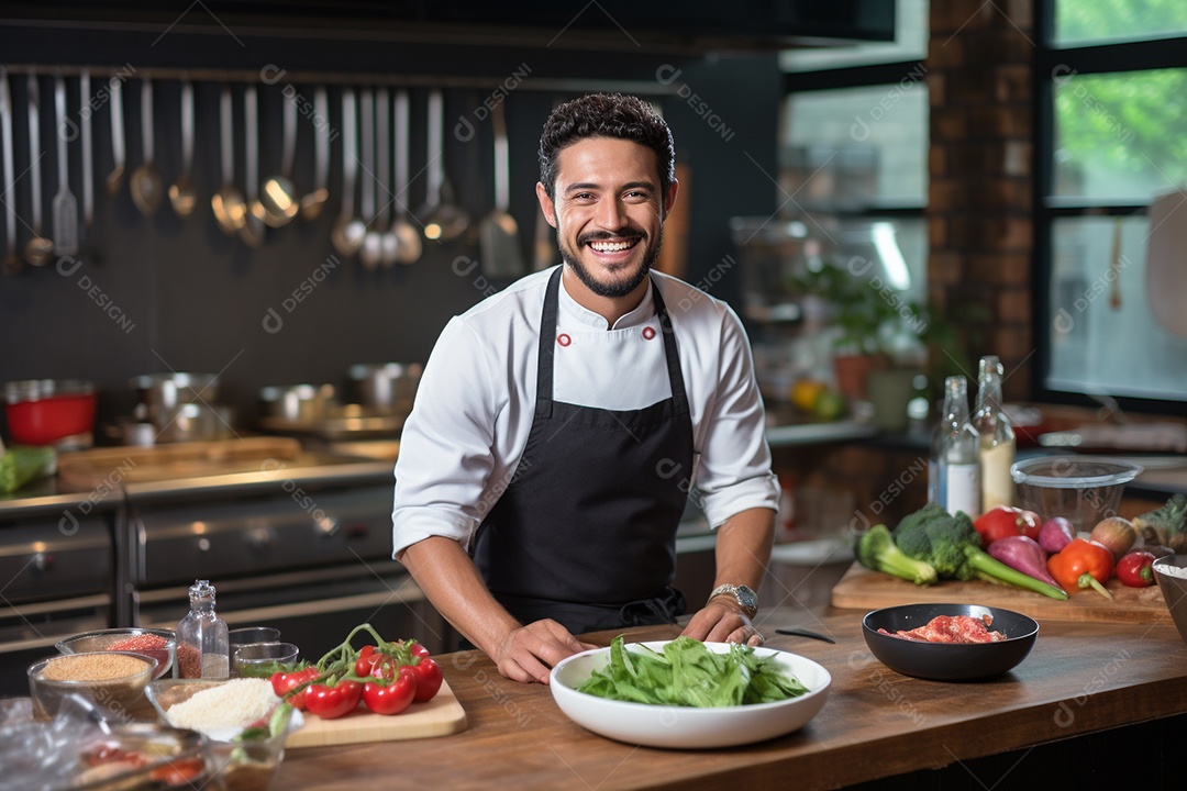 Chefe hispânico na Cidade do México apresentando um programa de culinária