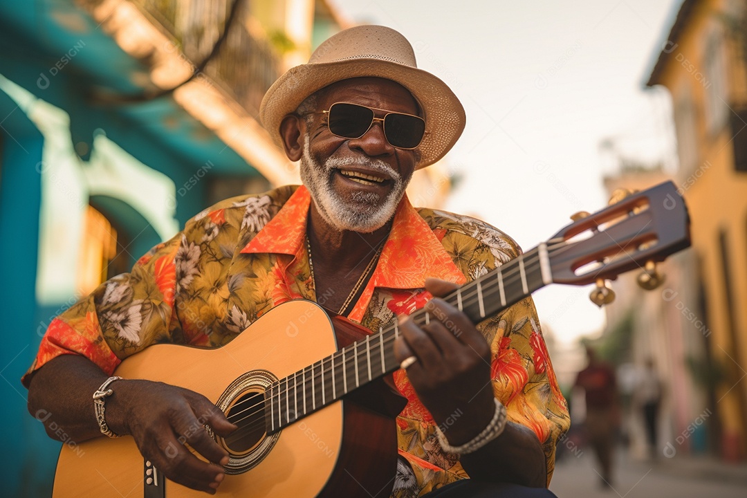 Músico hispânico em Havana tocando salsa vibrante