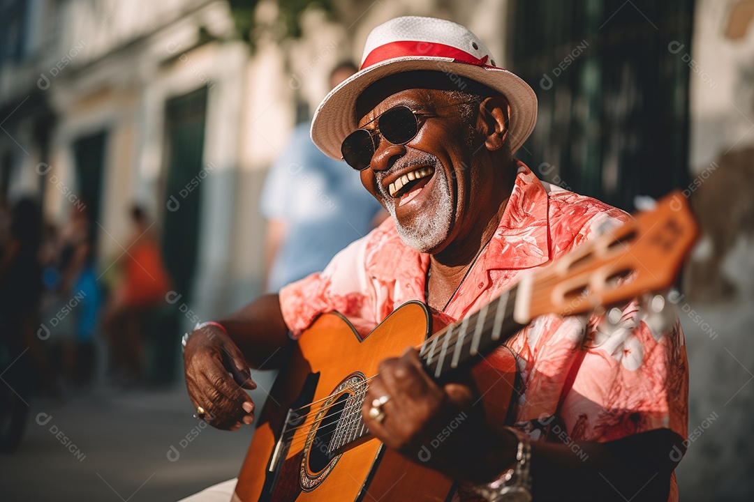 Músico hispânico em Havana tocando salsa vibrante