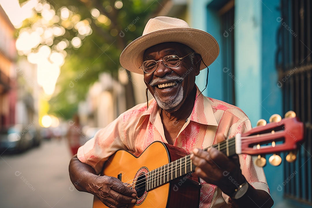 Músico hispânico em Havana tocando salsa vibrante