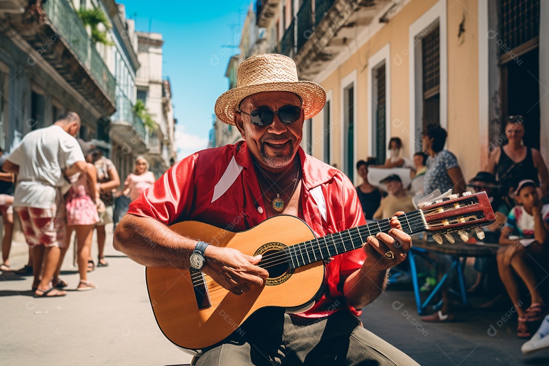 Músico hispânico em Havana tocando salsa vibrante