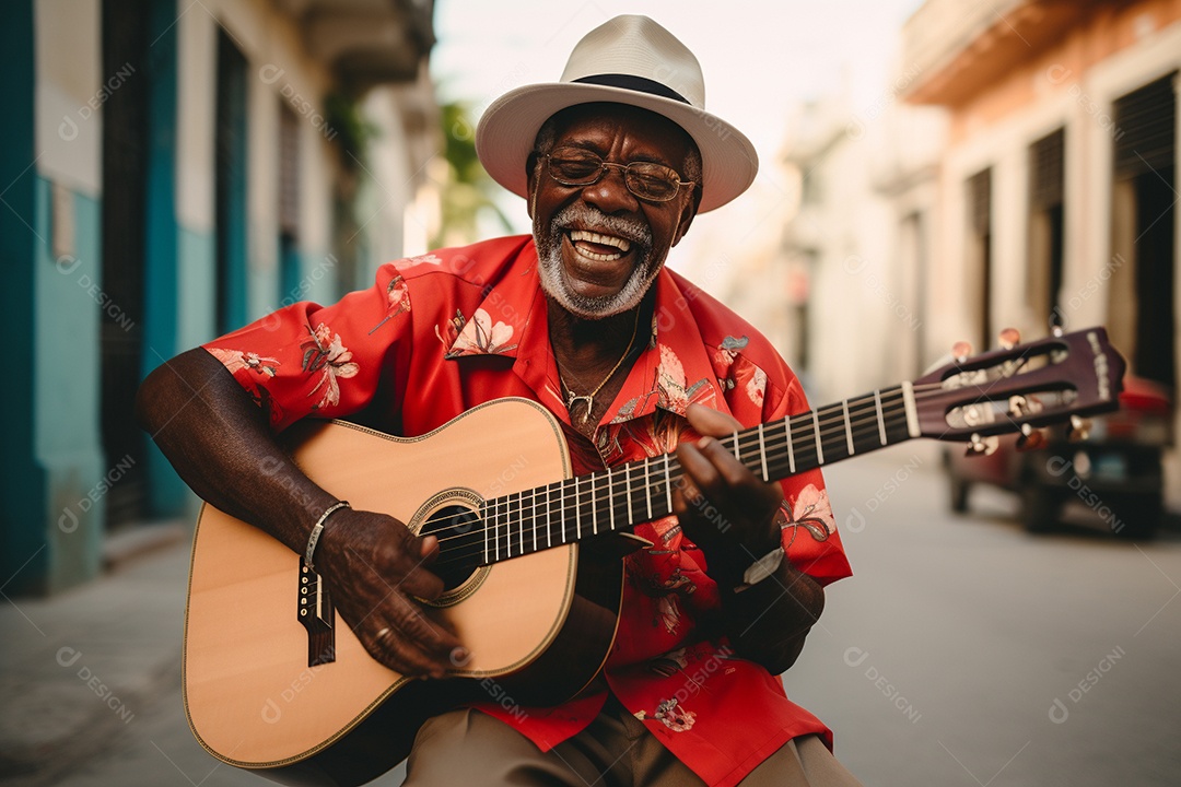 Músico hispânico em Havana tocando salsa vibrante