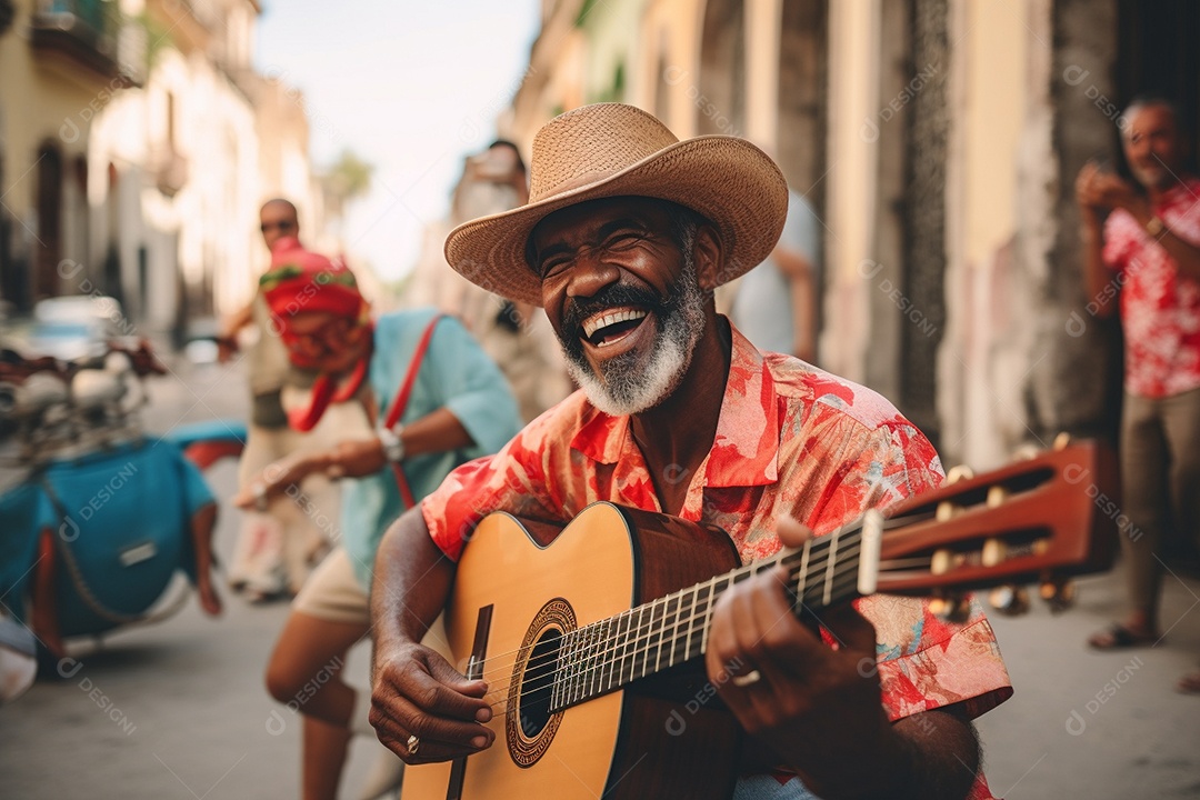 Músico hispânico em Havana tocando salsa vibrante