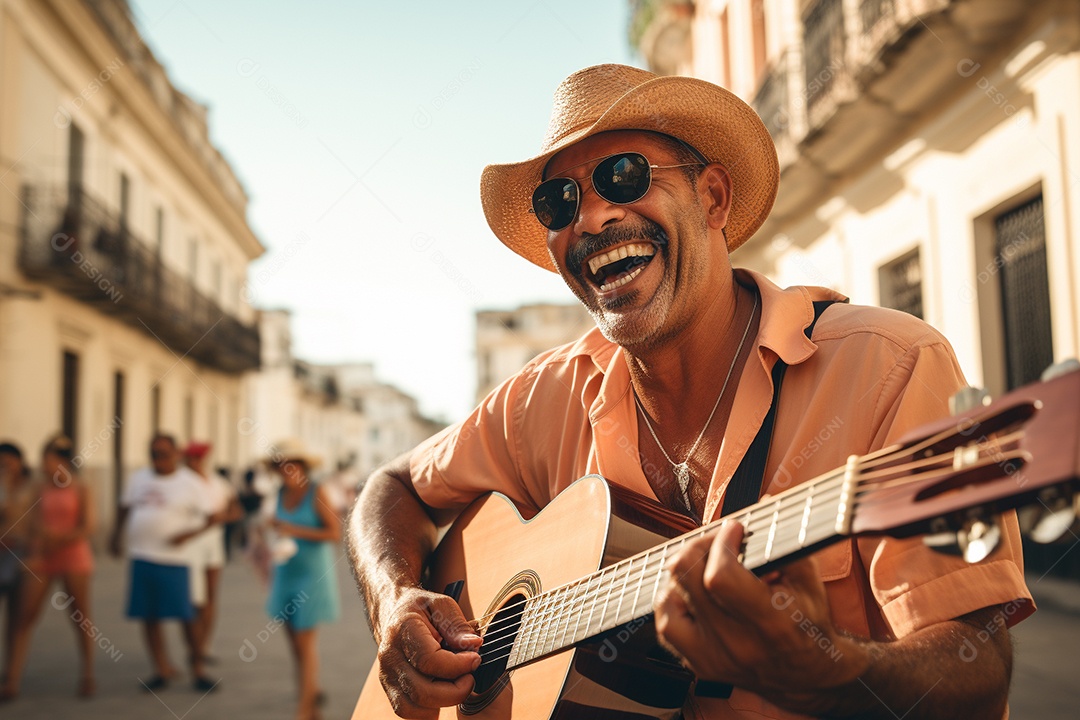 Músico hispânico em Havana tocando salsa vibrante