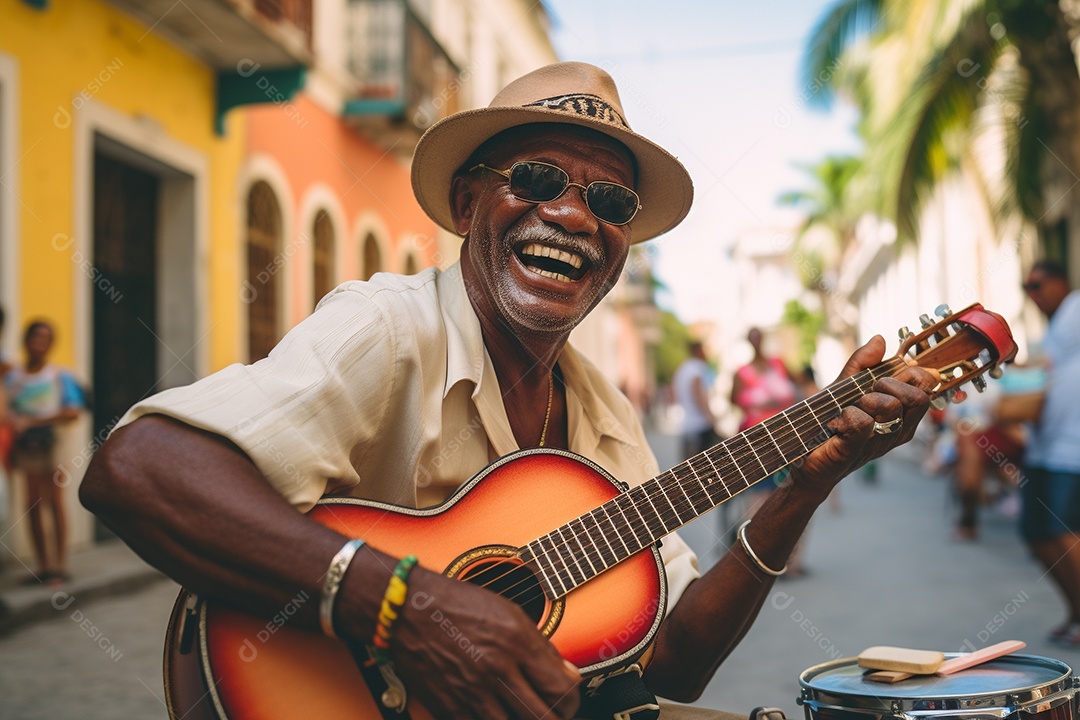 Músico hispânico em Havana tocando salsa vibrante