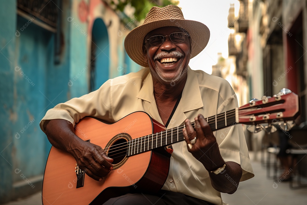 Músico hispânico em Havana tocando salsa vibrante