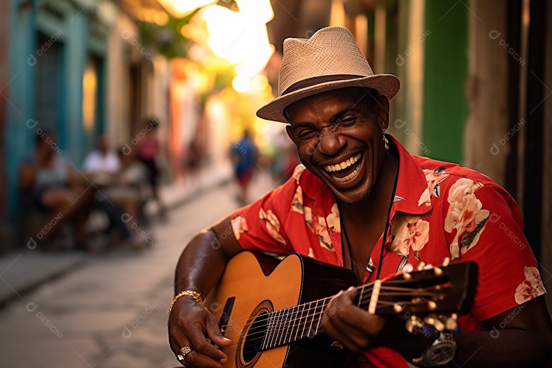 Músico hispânico em Havana tocando salsa vibrante