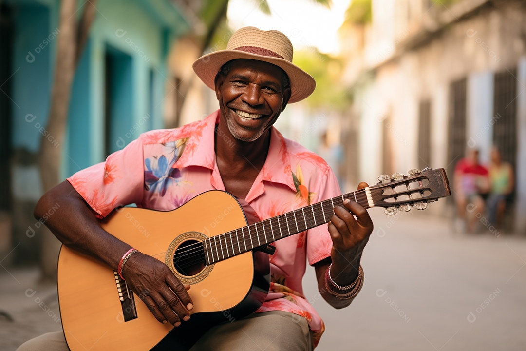 Músico hispânico em Havana tocando salsa vibrante