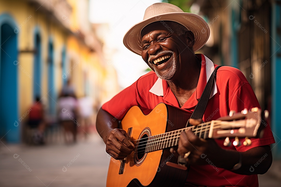 Músico hispânico em Havana tocando salsa vibrante