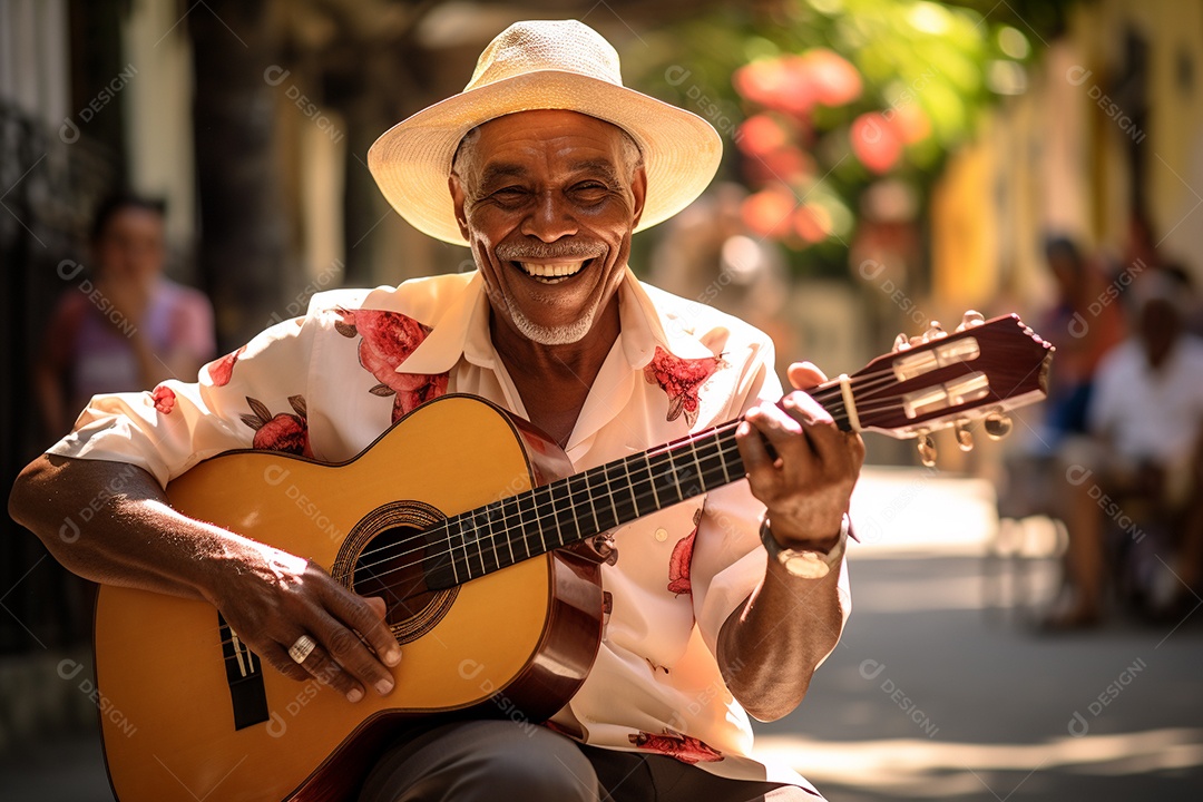 Músico hispânico em Havana tocando salsa vibrante