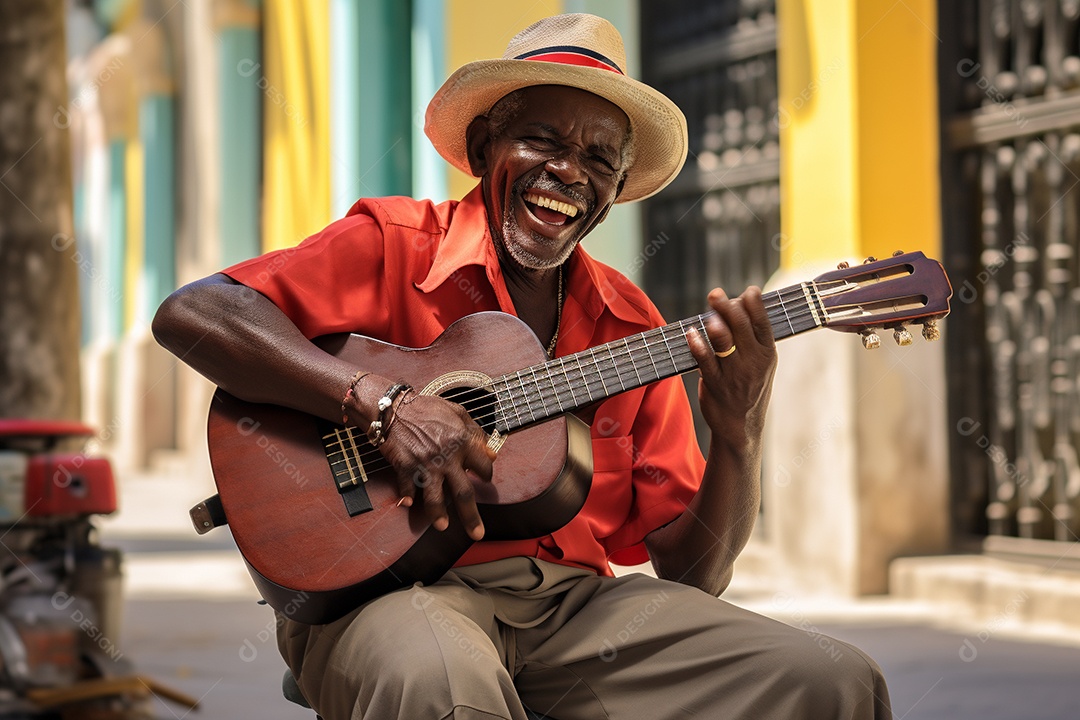 Músico hispânico em Havana tocando salsa vibrante