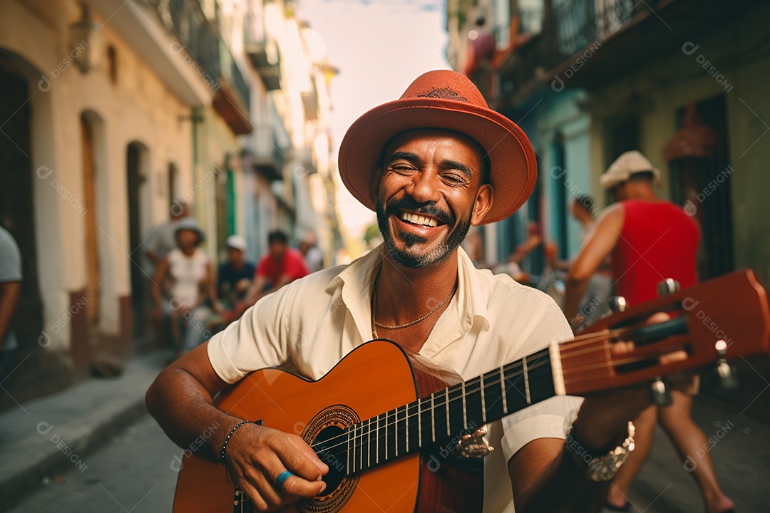 Músico hispânico em Havana tocando salsa vibrante